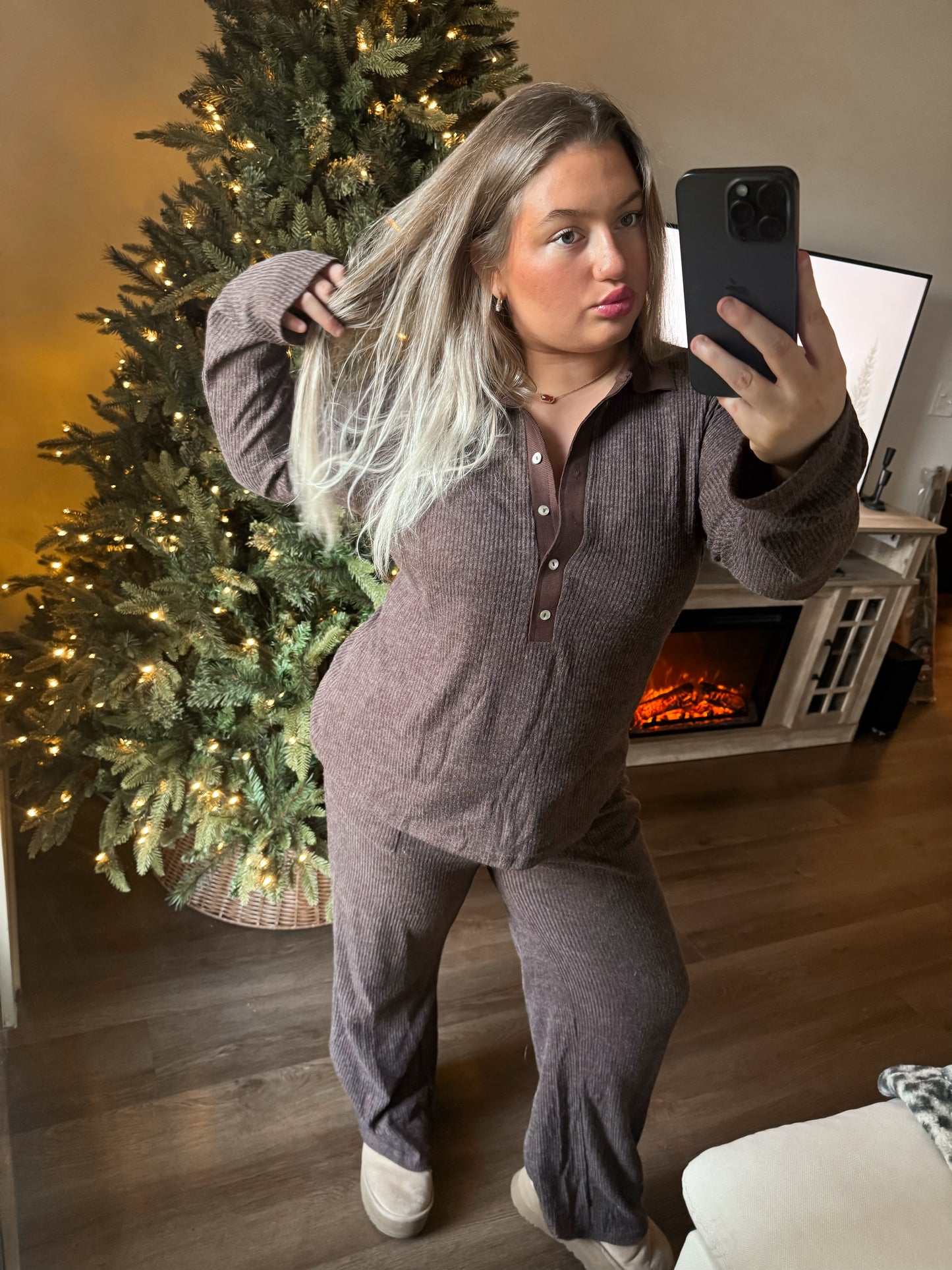 COZY CABIN MOCHA RIBBED LOUNGE SET