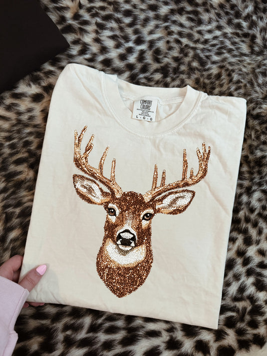 FAUX SEQUIN DEER IVORY TEE