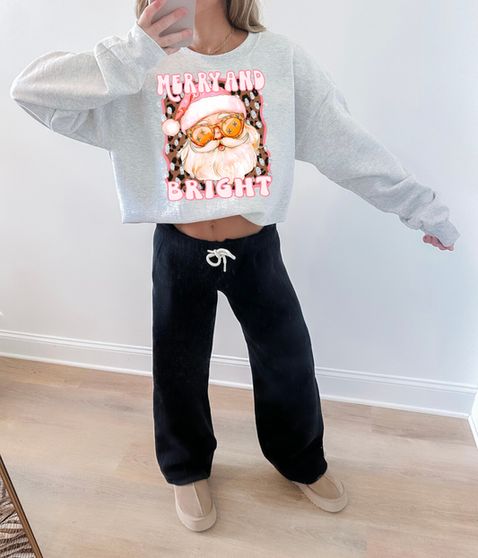 LEOPARD MERRY AND BRIGHT CHRISTMAS ASH GREY CREW