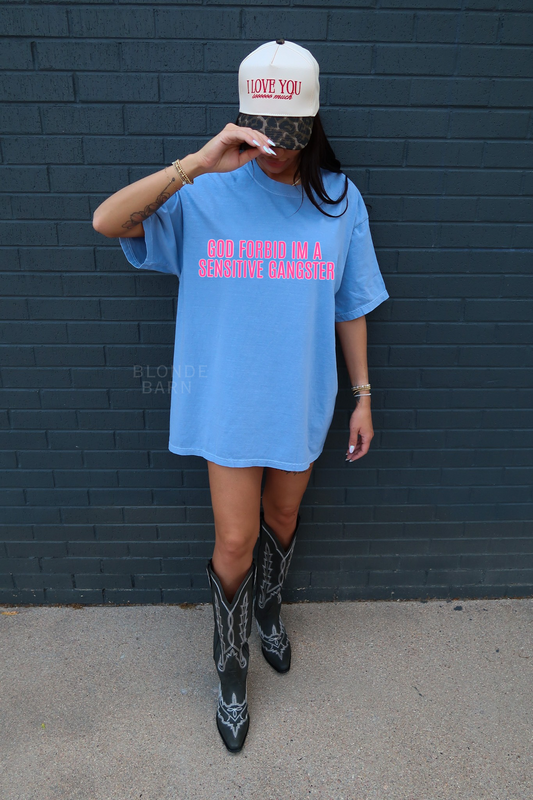 PINK GOD FORBID IM A SENSITIVE GANGSTER FLO BLUE TEE
