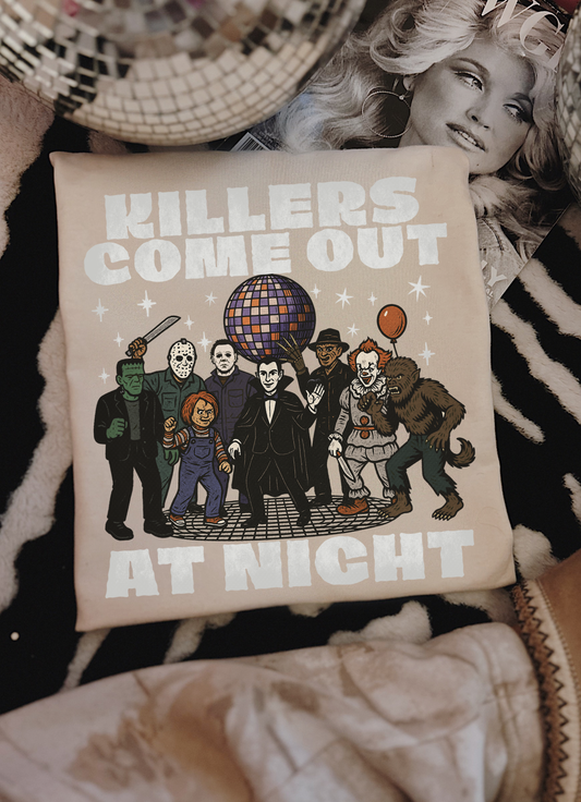 KILLERS COME OUT AT NIGHT DISCO SPOOKY WHITE FONT IVORY TEE