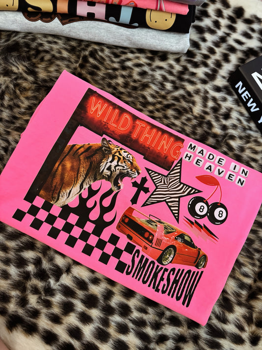 WILD THING RETRO COLLAGE NEON PINK TEE