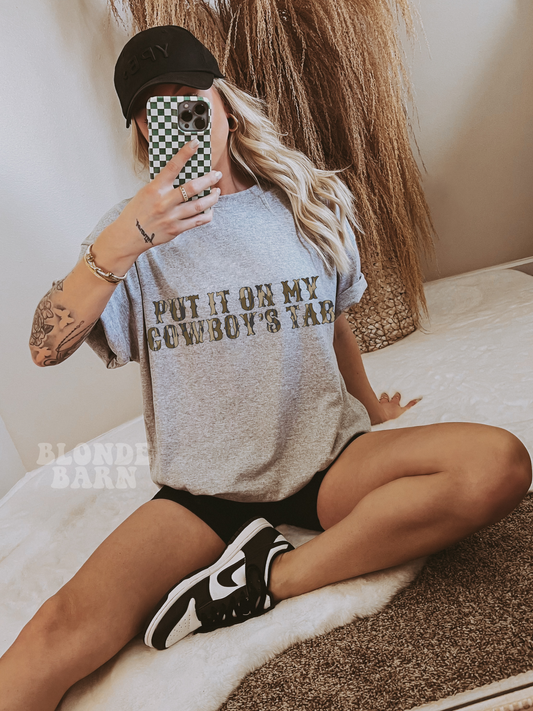 Put It On My Cowboy's Tab Gray Gildan Tee